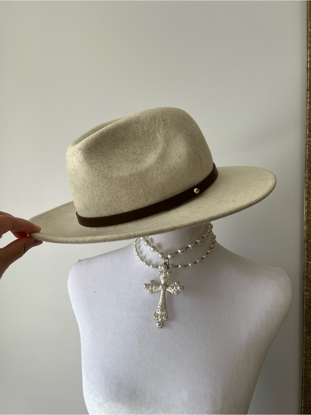 Free People Wythe Fedora Hat Cream Leather Band Wide Brim Boho 100% Wool